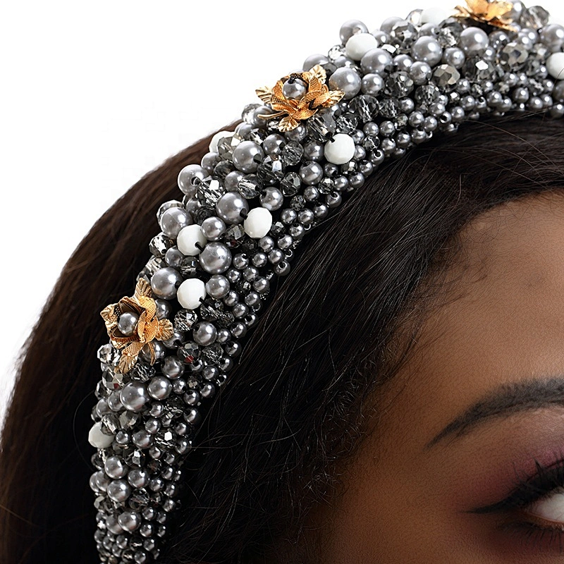 Pink bead headband blue color pearl headband Bridal with hand sewn acrylic bead flower Hairbands bow hairband latest hairband de