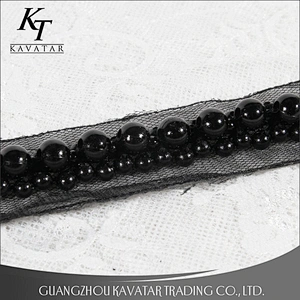 Elegant black pearls lace beaded embroidery lace trim tape for dress