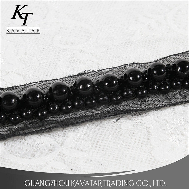 Elegant black pearls lace beaded embroidery lace trim tape for dress