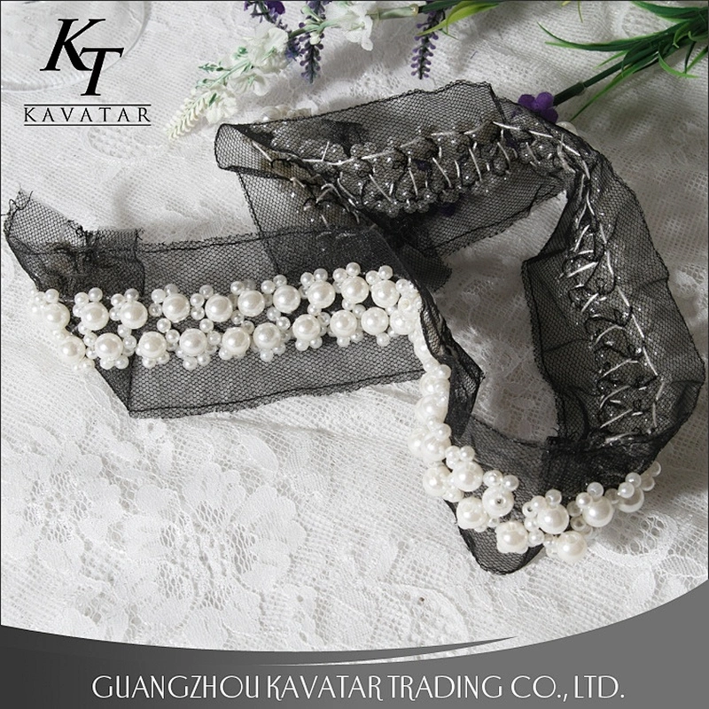 Kavatar Strung Together Sew On Mesh Beads Cyrstal Rhinestone Pearl Lace Trim