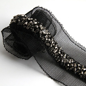Wholesale polyester pearl lace pearl beaded lace black organza bag pearl lace trim