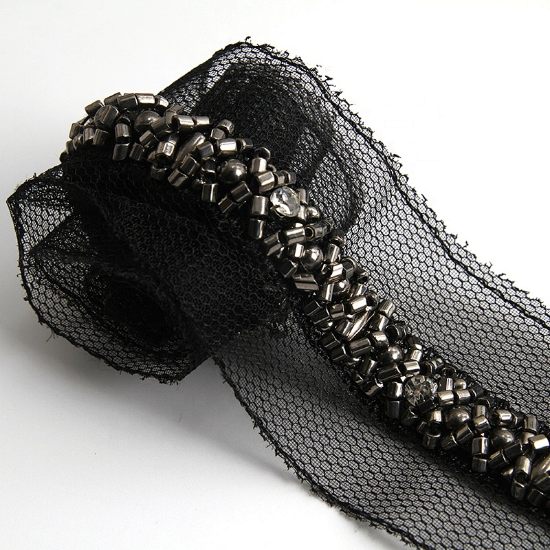 Wholesale polyester pearl lace pearl beaded lace black organza bag pearl lace trim