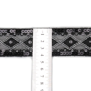 4cm Black Mesh Lace Base Handmade Embroidery Sequin Trim for Clothing