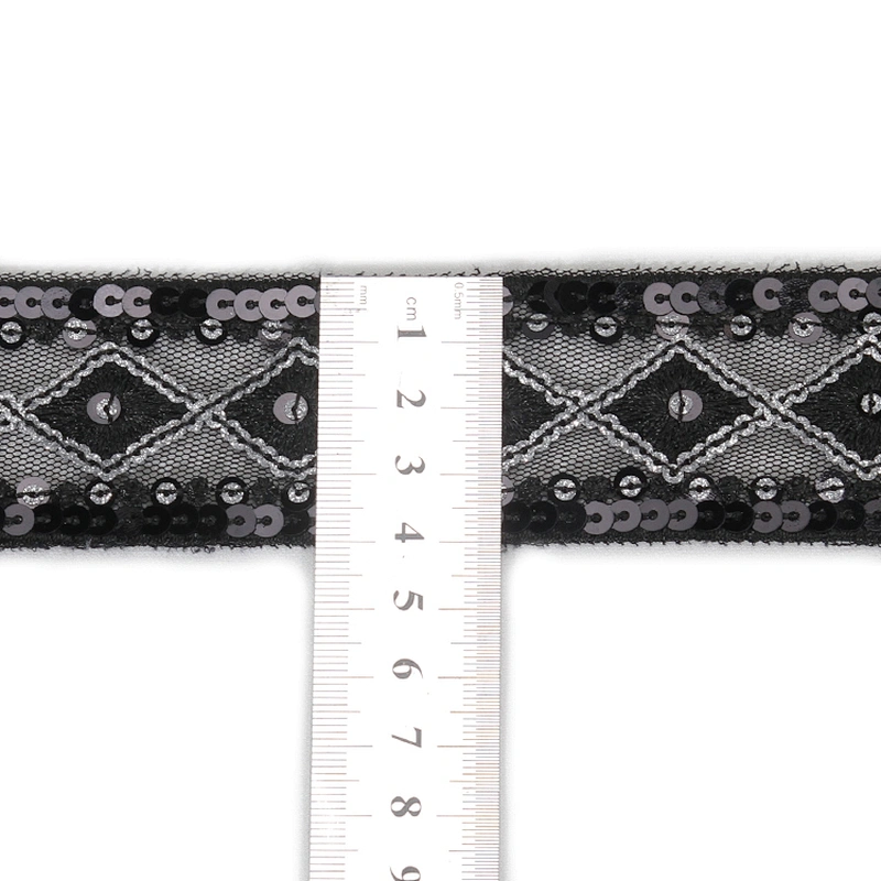 4cm Black Mesh Lace Base Handmade Embroidery Sequin Trim for Clothing