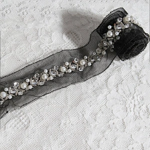 Kavatar Crystal Rhinestone White Bead Pearl Lace Designs Trim For Wedding Dress