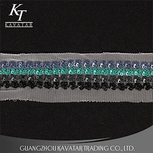 Wholesale Four Rows Sequins Trim Sew On Black Mesh For Decorative Dress