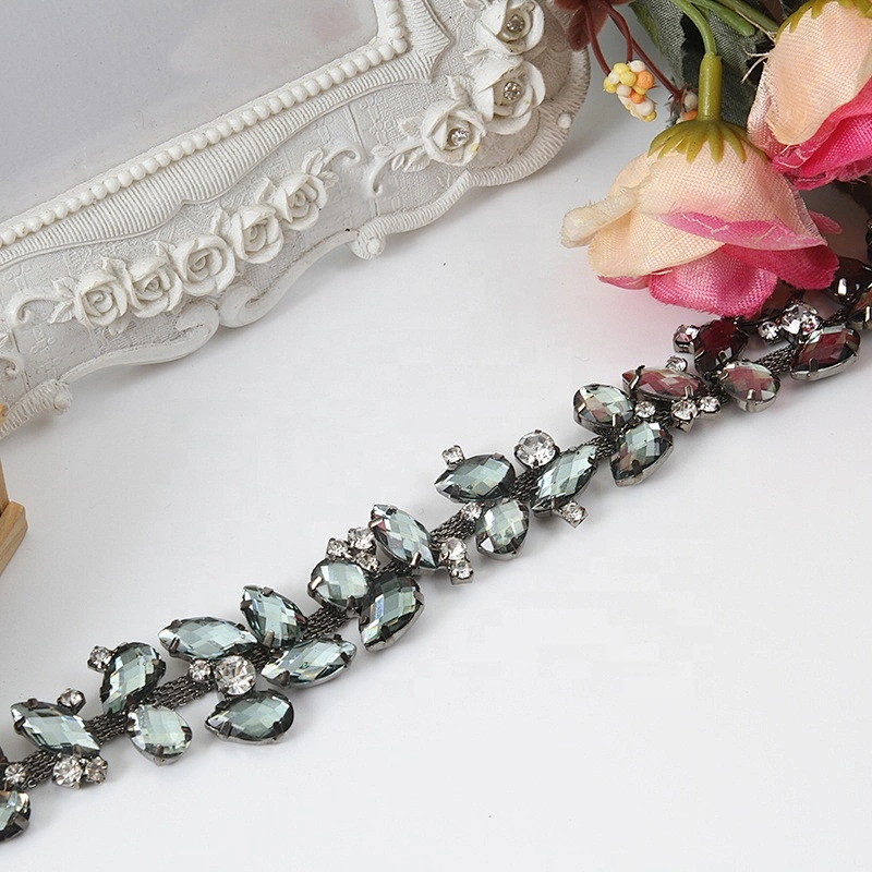 Leaves Rhinestone Chain Trim Ribbon Grey Diamond Crystal Applique Hair Accessory Bridal Sash Sewing on Wedding Dress Decor