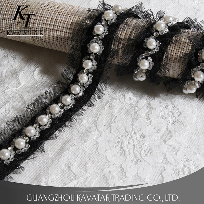 Hot Sell Black Ruffle Wave Lace Pearl Beaded Trim For Bride Wedding Dress