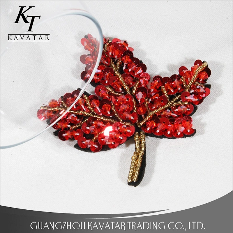 Red maple leaf design beading sequin patches for decorative garment bag