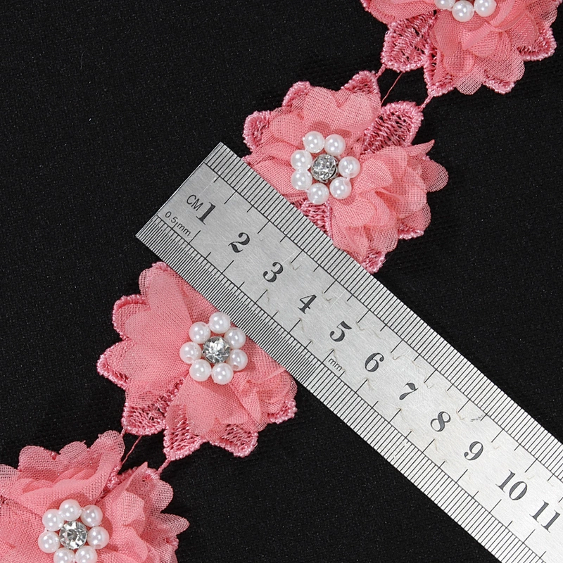 Kavatar supply polyester beaded flower lace trim for dress