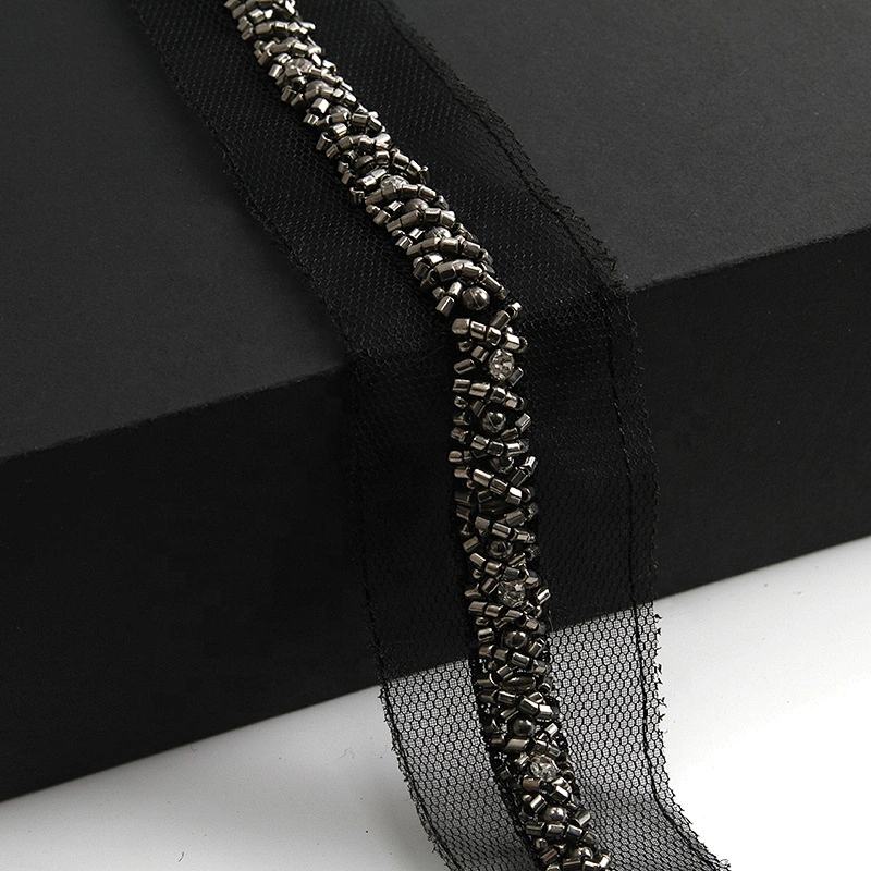 Wholesale polyester pearl lace pearl beaded lace black organza bag pearl lace trim