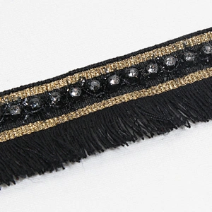 3cm black polyester fringe lace trim ribbon with beads