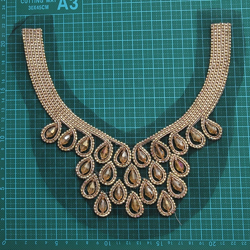 Factory wholesale gold decoration handmade collar patches with bead patches for clothing beaded trims for fashion garments