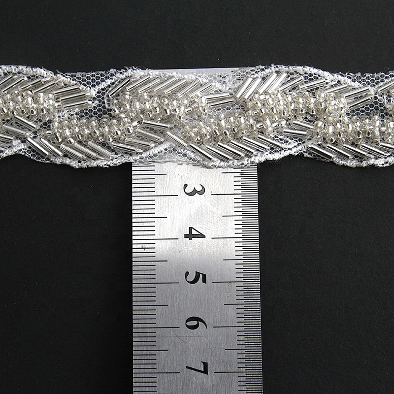 Handmade fancy beaded trim white pearl lace beaded chain lace for wedding dress