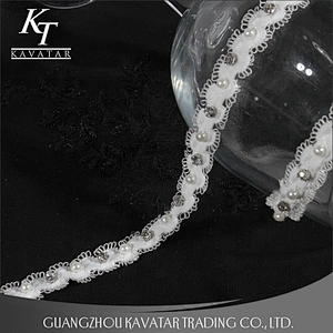 Kavatar Beaded Crystal Rhinestone Pearl Trim Ribbon For Bride Dress
