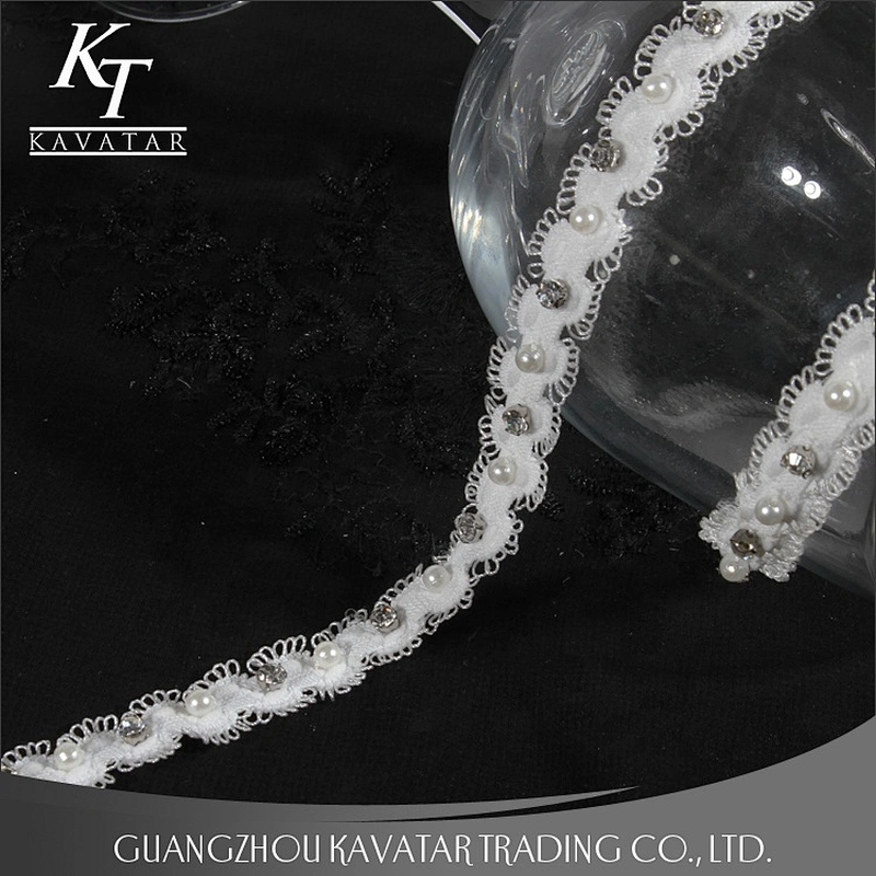 Kavatar Beaded Crystal Rhinestone Pearl Trim Ribbon For Bride Dress