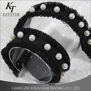 Hot selling custom wholesale black polyester ribbons with pearl trim for decoration