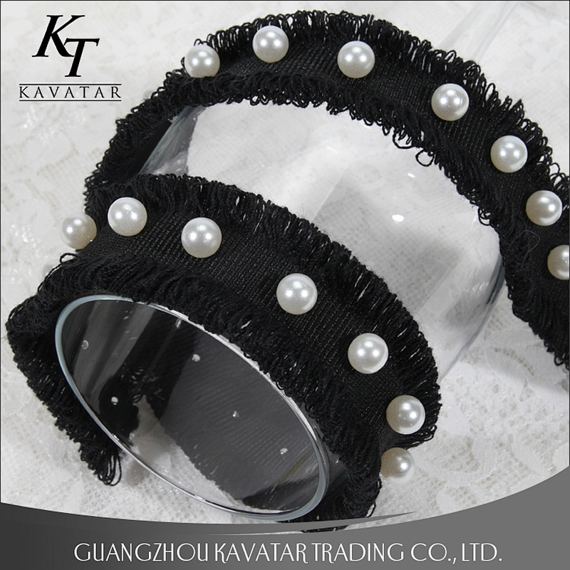 Hot selling custom wholesale black polyester ribbons with pearl trim for decoration