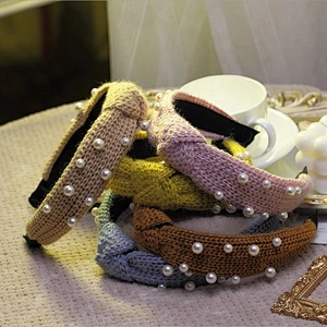 Winter simple pure handmade sweater pearl hairband web celebrity fashion style headband hair accessories knitted crochet pattern