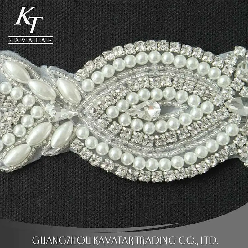 Rhinestone and pearl sew on beaded applique patches,ornaments applique trim rhinestone trim for wedding dress