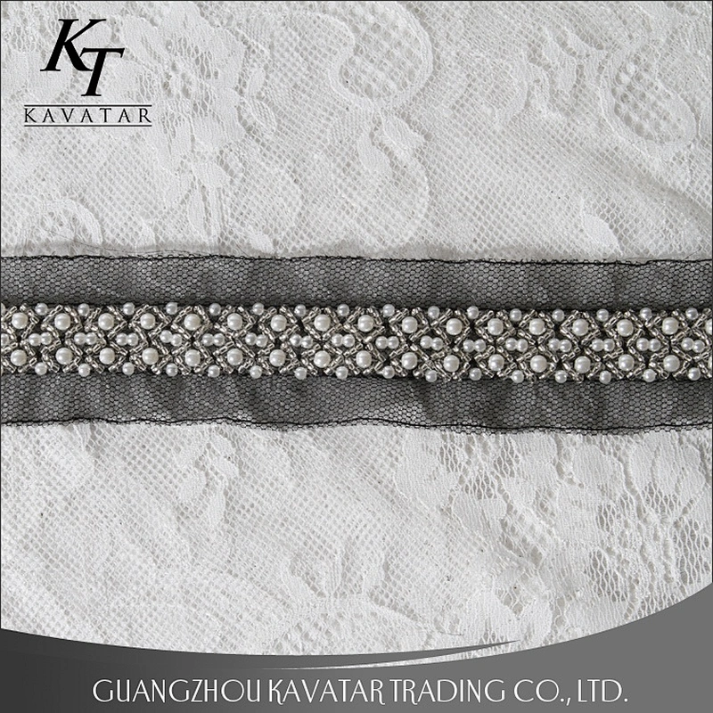 Beautiful White Beaded Lace Black Mesh Design Lace Trim For Decorative Wedding Dress