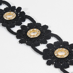 High Quality Fashion Design Black Gold Color Accessories Eyelet Flower lace trim For Clothes