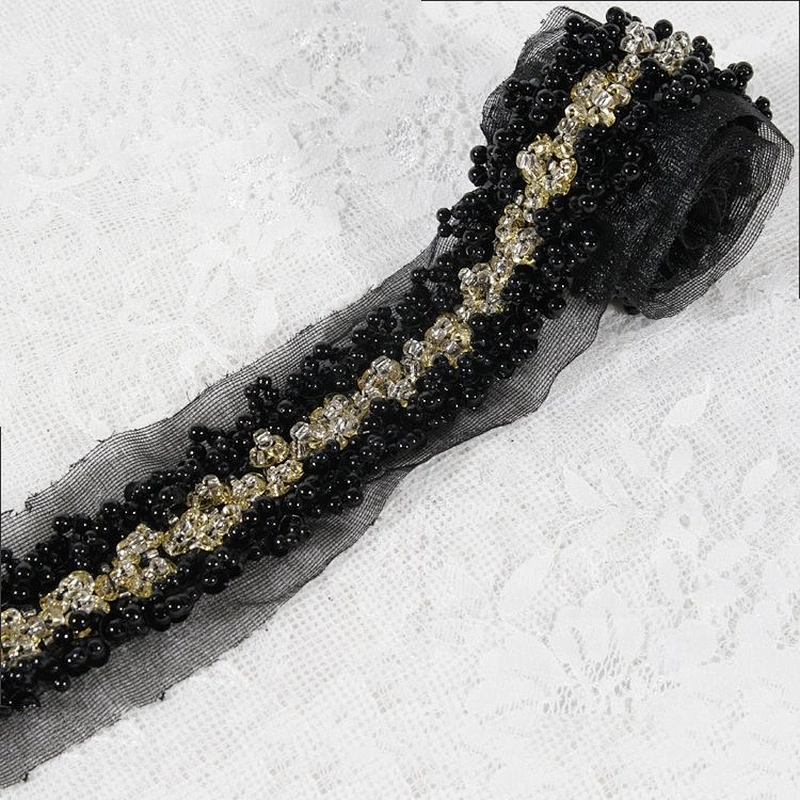 High quality black beaded lace mesh tape with crystal sewed handmade