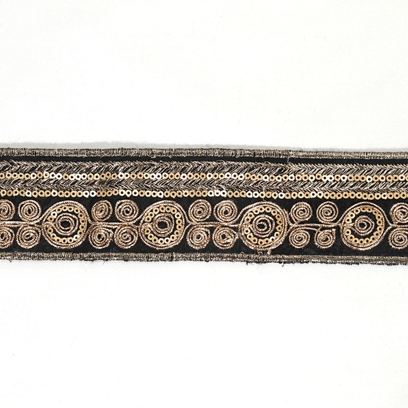 Black Bullion Embroidery Floral Pattern Sequin Beaded Mesh Lace Tape for Clothing Dresses Hats