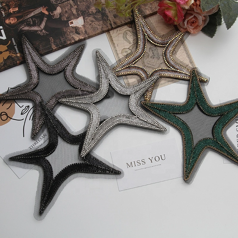 3D Multi Colour Bead Rhinestones Star Shaped Black Applique Patches