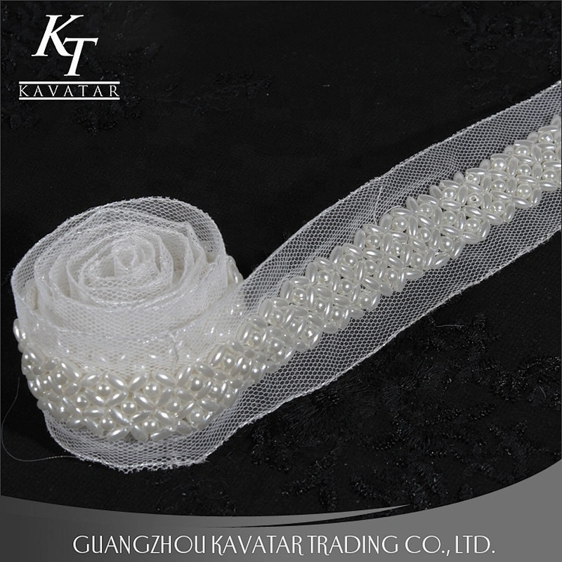 White Beaded Pearl Embroidery Lace Trimming For Wedding Dress