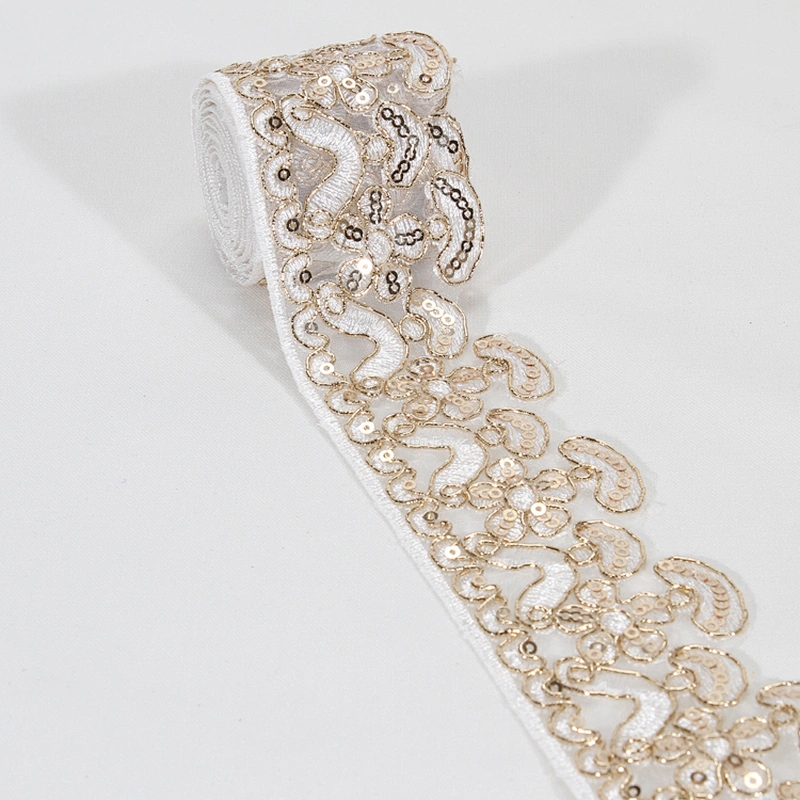 Wholesale Designed Golden Sequin Mesh Edge Lace for Dress Garment Accessories