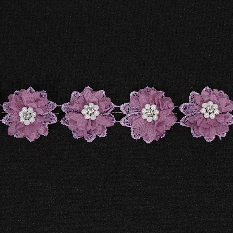 Kavatar supply polyester beaded flower lace trim for dress