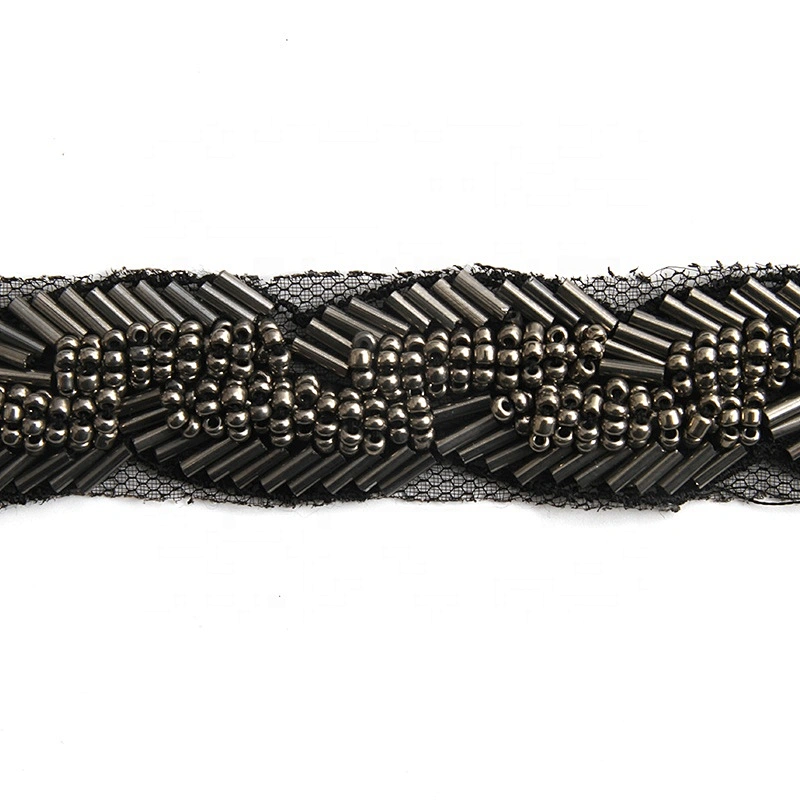 Fashion black color handmade pearl beaded rhinestoneslace trim designs sewing on garments