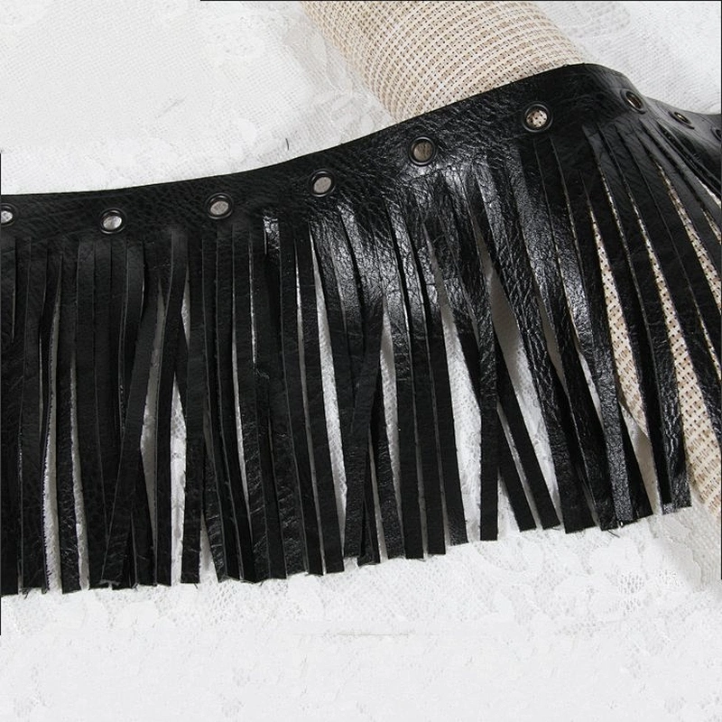 Kavatar Black Faux Leather Eyelets Tassels Fringe Trim Ribbon