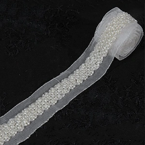 White Beaded Pearl Embroidery Lace Trimming For Wedding Dress