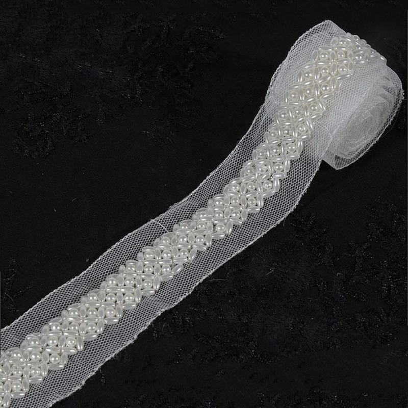 White Beaded Pearl Embroidery Lace Trimming For Wedding Dress