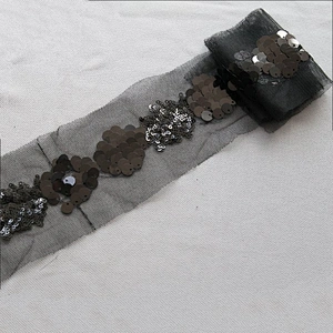 Beautiful Shape Sequin Sew On Black Mesh Flower Ribbon Trim For Decorative Dress