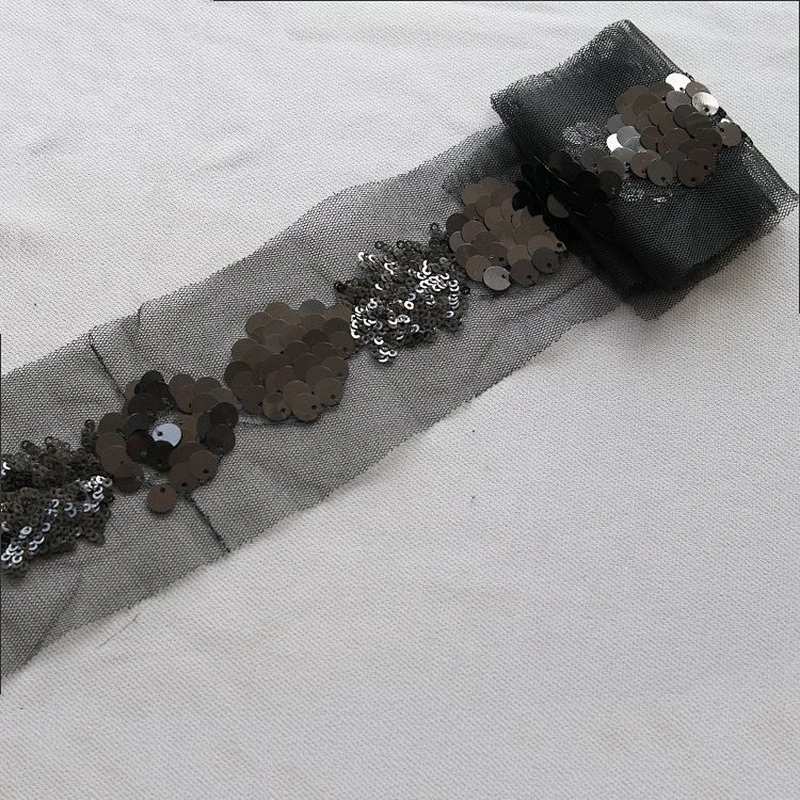 Beautiful Shape Sequin Sew On Black Mesh Flower Ribbon Trim For Decorative Dress