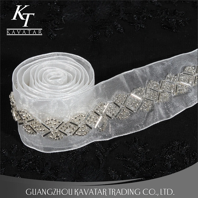 White mesh beaded lace trim ribbon for bride dress