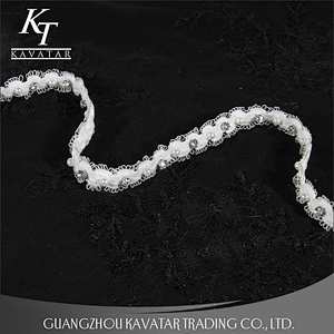 Kavatar Beaded Crystal Rhinestone Pearl Trim Ribbon For Bride Dress