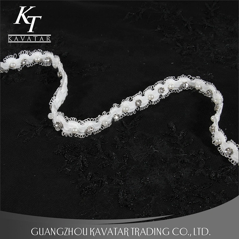 Kavatar Beaded Crystal Rhinestone Pearl Trim Ribbon For Bride Dress
