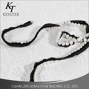 White Pearl Lace Decoration Ribbon Polyester Beaded Trim For Dress