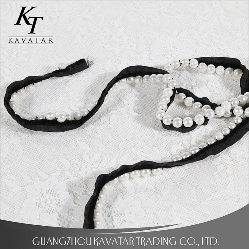 White Pearl Lace Decoration Ribbon Polyester Beaded Trim For Dress