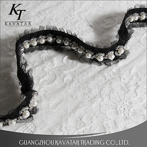 Hot Sell Black Ruffle Wave Lace Pearl Beaded Trim For Bride Wedding Dress