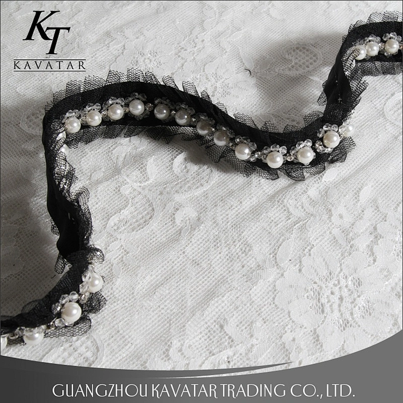 Hot Sell Black Ruffle Wave Lace Pearl Beaded Trim For Bride Wedding Dress