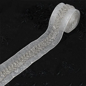 Handmade Beaded Sewing Lace Trims Mesh Ribbon For Wedding Dress Decoration