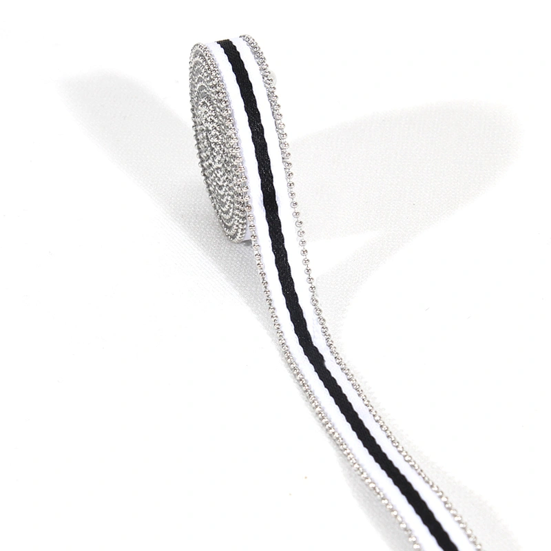 Design iron on hot fix rhinestone trim with white black strip ribbon
