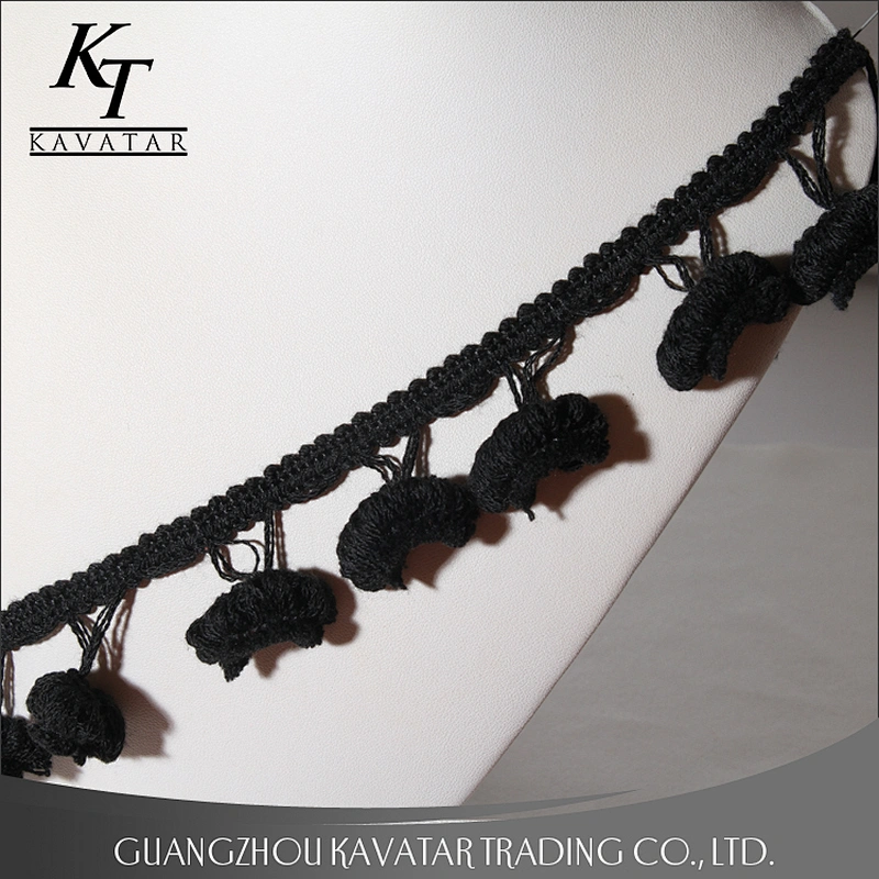 Good quality pure black pom pom fringe trim for garment,bags,shoe