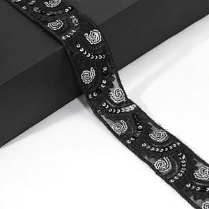 Custom Wholesale Craft Embroidered Rosette Sequin Beaded Mesh Lace Trim