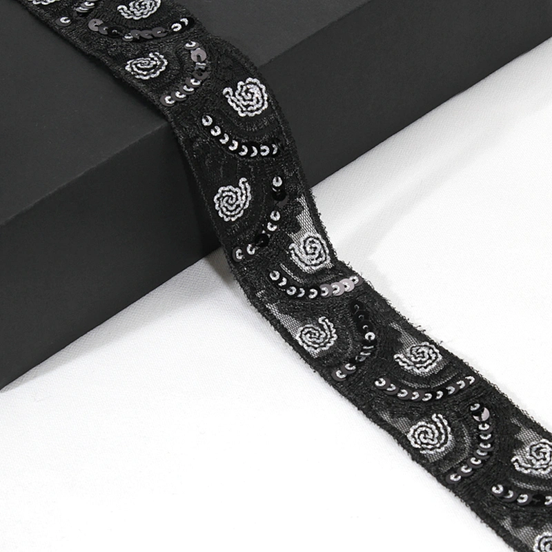 Custom Wholesale Craft Embroidered Rosette Sequin Beaded Mesh Lace Trim